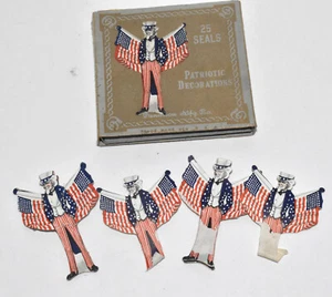 RAROS Sellos Antiguos Dennison Decoración Patriótica Banderas Tío Sam Troqueados en Caja - Imagen 1 de 5