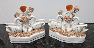 Antique 19th Century Pair of Staffordshire Swan Spill Vases, Hand Painted - Picture 1 of 12