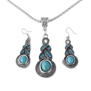 Tibetan Silver Blue Turquoise Pendant Necklace Bracelet Sets Jewelry - Picture 1 of 8