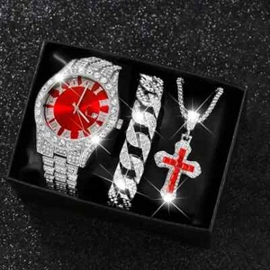 Watch Hip Hop Simulated Diamond & Iced Cuban Bracelet & Cross Necklace Gift Set - Picture 1 of 7