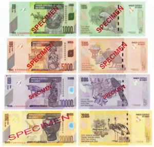JUEGO DE MUESTRAS CONGO 4 PIEZAS 1000-20000 Francos P-101s 102s 103s 104s UNC - Imagen 1 de 5