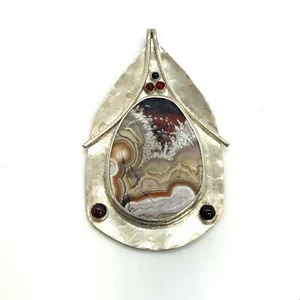 Vintage Sterling Sign MC Mary Chavez Navajo Natural Botswana Agate Stone Pendant - Picture 1 of 7