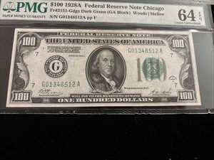 1928A $100 Federal Reserve Note FR2151-Gdgs (Dark Green) Chicago PMG 64 EPQ - Picture 1 of 7