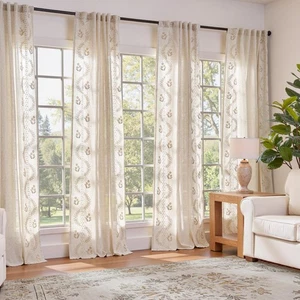 Juego de cortinas de 4 paneles Belrose 84 pulgadas de largo cortinas florales mezcla de lino beige... - Imagen 1 de 6