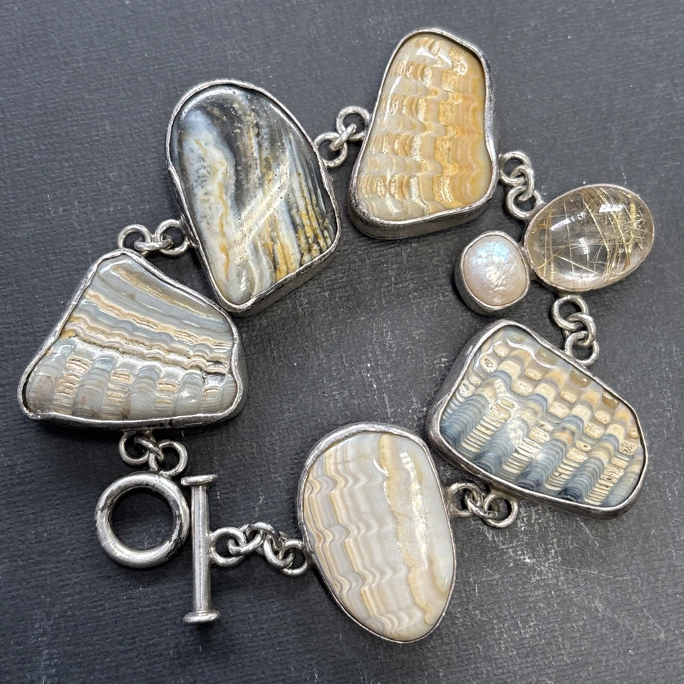 “The Dreamer” Multi Stone and Pearl 925 Sterling Silver Bracelet - Image 1 of 4