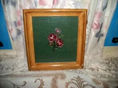 Antique Roses Needlepoint Cottagecore Primitive Wood Frame Old Green Pink 1930s - Image 1 of 2