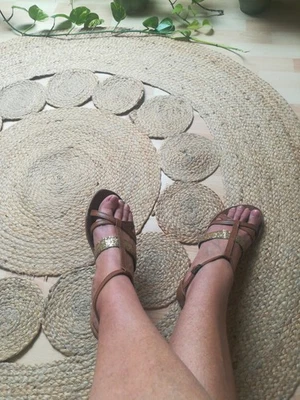 Gemo 39 Sandales CUIR Chaussures plates sandalettes Femme Été Marron Doré - Photo 1/4