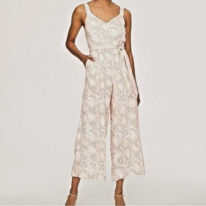 Ann Taylor LOFT Jumpsuit White Pink Snakeskin Animal Print Pockets size 16 - Picture 1 of 13
