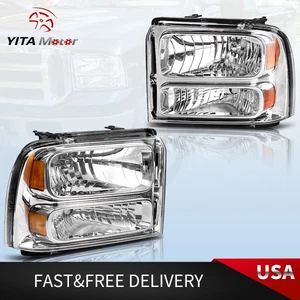 Headlights For 05-07 Ford F250 F350 Super Duty Chrome Housing Amber Corner Lamps - Picture 1 of 12