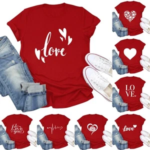 Women's Casual Valentine's Day Short Sleeved Tunic Round Neck Heart Printed Top - Picture 1 of 35