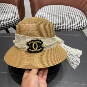 Chanel Tan Straw Bucket Hat with Lace and Pearl Embellishments - Picture 1 of 9