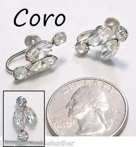 Pendientes de tornillo CORO firmados vintage años 50 marquesa y diamantes de imitación transparentes redondos - Imagen 1 de 4