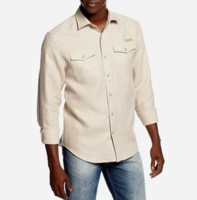 Sean John Men’s Beige Tailored Fit Long Sleeve 100% Linen Shirt Size XL - Image 1 of 4