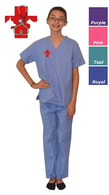 Детские ветеринарные скрабы с вышивкой красным крестом дизайн розовый синий фиолетовый зеленый - Изображение 1 из 4