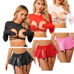 Sexy Women's Mesh T-Shirt Open Cup Bra Top Ruffle Skirt Built-in Thongs Clubwear - Picture 1 of 76