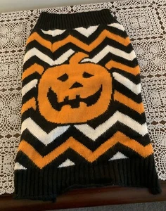 Simply Dog Halloween Pumpkin Dog Sweater Black Orange Chevrons XL Extra Large - Picture 1 of 4