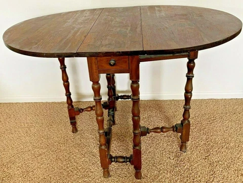 Vintage FURNITURE 32X44" Oval Dining Dark Wood Gate Leg Table Fold Out w Drawer Cover