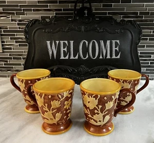 Set Of 4 Fitz and Floyd Del Vino Flowers Footed Mug Relief Design Fall Flowers - Picture 1 of 5