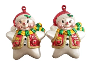 Vintage Set of 2 Bears with Hat Vest Scarf Christmas Holiday Glass Ornaments - Picture 1 of 4