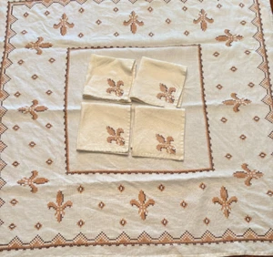 Vintage Hand Made Fleur de Lis Square 34" Cross Stitch Table Cloth Brown Tones - Picture 1 of 10