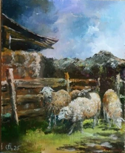 Quadro "Pecore". Olio su cartone. 8x10 inc. Fatto a mano. 2025. Senza cornice. - Foto 1 di 1