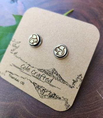 Squirrel Earrings Wood Handmade 8mm Bezel Set woodland boho jewelry as - Image 1 of 4