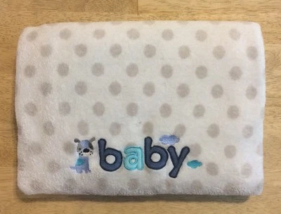 Just Born Baby Blanket White Plush Grey Polka Dot Blue Puppy Dog B A B Y Lovey - Image 1 of 4