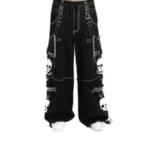 Men's Goth Bondage Pants Techwear Y2K Rave Trousers w/ Chains & Skull Graphic - Picture 1 of 4