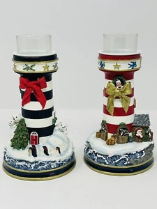 DANBURY MINT 2 Pcs Lighthouses of Christmas Candlesticks Cheryl Spencer Collin - Picture 1 of 19