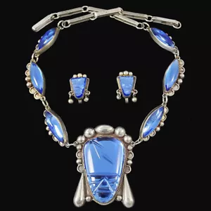 VTG Taxco Mexico Sterling Silver Cobalt Blue Carved Mask Necklace & Earrings Set - Picture 1 of 7