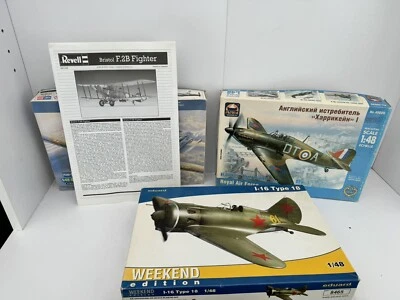 3x 1:48 Aircraft Plastic Model Kits F.2B Fighter, Hawker Hurricane, I-16 Type 18 - Image 1 of 4