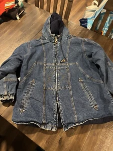 Vintage Blue Denim Hooded Fleece Lined Reversible Full Zip Jacket Small - Picture 1 of 14