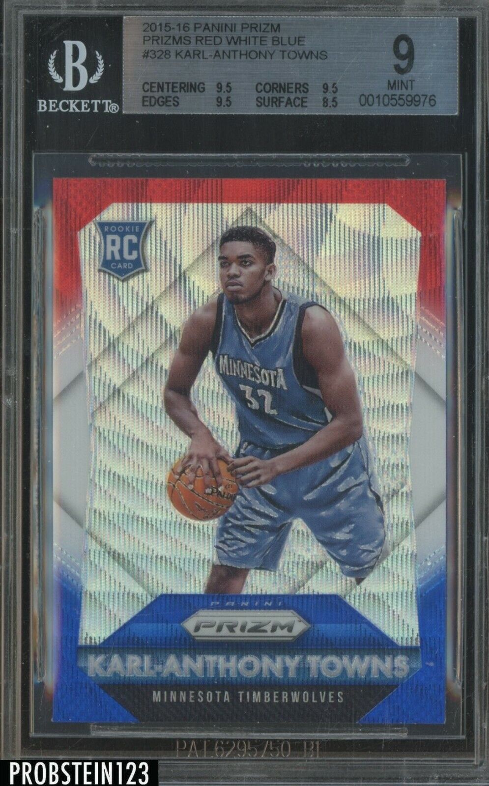 2015-16 Panini Red White Blue Prizm #328 Karl-Anthony Towns RC Rookie BGS 9