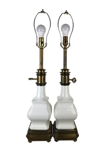 Matched Pair 2 Stiffel 26" Table Lamps Brass w/ White Porcelain Body - Picture 1 of 13