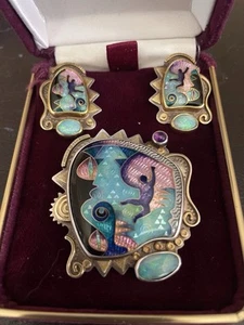 Ricky Frank Cloisonné Earrings And Matching Pendant/Pin With Opals And Amethyst - Picture 1 of 2