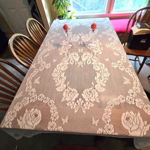 Mantel grande de encaje 8' 2" X 5' blanco rosa patrón floral decoración de comedor vintage - Imagen 1 de 9