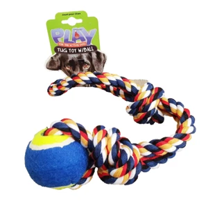 BNWT Pet Tough Tug Rope with Tennis Ball Blue Red White Yellow 45cm Dog Toy - Picture 1 of 2