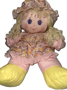 Vtg Dolly Mine Cloth Rag Plush Doll 16” 1987 Pink Hat Yellow Yarn Hair Flowers - Picture 1 of 5