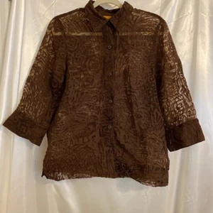 Ruby Rd. Womens Button Front Shirt Brown Abstract Long Sleeve Collared Sheer 10 - Picture 1 of 4