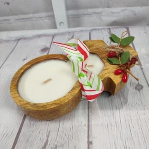 2 Wick Candle Hand Poured Wood Bowl Container with Christmas Ribbon and Holly - Picture 1 of 7