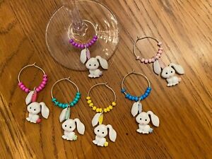 " WHITE EASTER BUNNIES"  SET OF 6  HAND CRAFTED Wine glass drink marker Charms