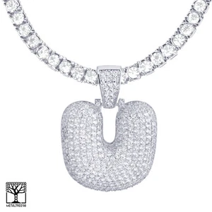 Bubble Letter U Initial Silver Plated Iced Pendant CZ 24" Tennis Chain Necklace  - Picture 1 of 3