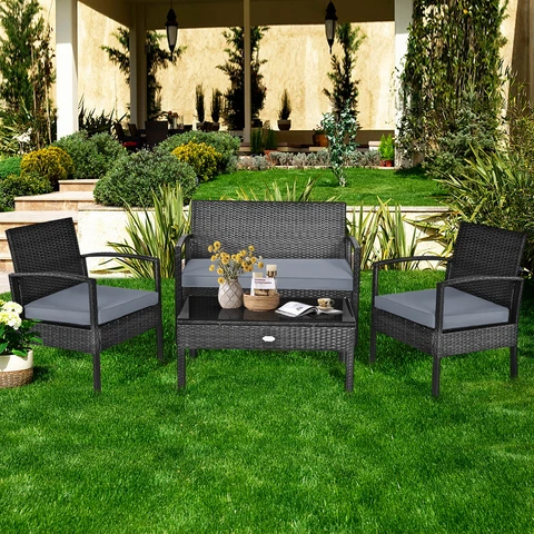 Patio Garden 4PC Rattan Wicker Furniture Set Black Cover