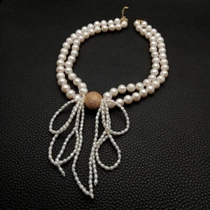 16" Cultured Freshwater White Pearl Necklace Bowknot Fashion Desigh Jewelry - Picture 1 of 6