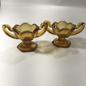 Pair Of Vintage Amber Glass Open Salt Cellars With Trophy Handles - Picture 1 of 4