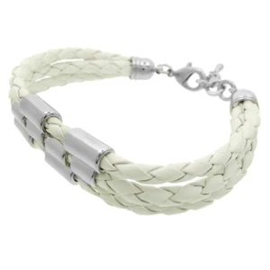 Bracciale Morbida Pelle Bianco Con Anelli IN Acciaio Inox 19 - 21 CM Regolabile - Foto 1 di 3
