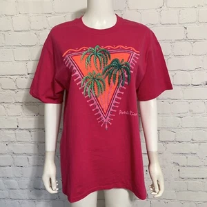 Camicia donna turistica vintage anni 80 punto singolo L rosa Puff Paint Porto Rico - Foto 1 di 6
