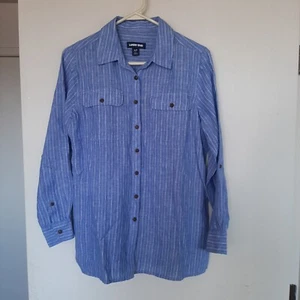 Lands' End Women's Linen Blue White Stripe Two Pocket Button Down Shirt PS - Picture 1 of 6