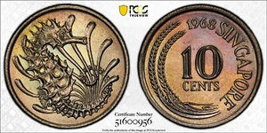 MS68 1968 10C Singapore 10 Cents, PCGS Trueview- Rainbow Toned SOLO Top Pop! - Picture 1 of 6