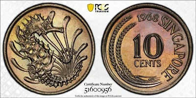 MS68 1968 10C Singapore 10 Cents, PCGS Trueview- Rainbow Toned SOLO Top Pop! - Image 1 of 4